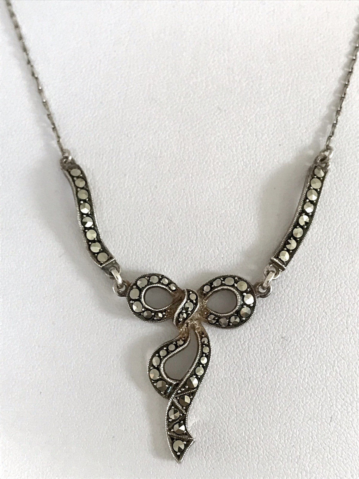Antik Edel Jugendstil 835 Silber Collier Halskette Markasite Schleife