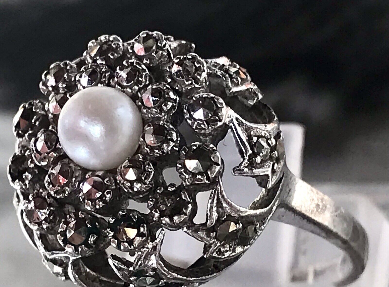 Antik Edel DAMEN Entourage RING Silber 835 Perle Markasite Gr.52