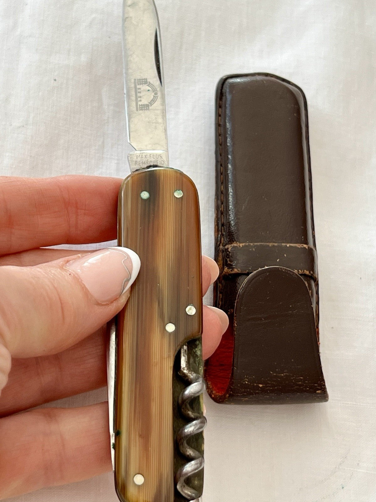 Antik Vintage Taschenmesser Klappmesser Jagdmesser Max Flus Remscheid Lederetui