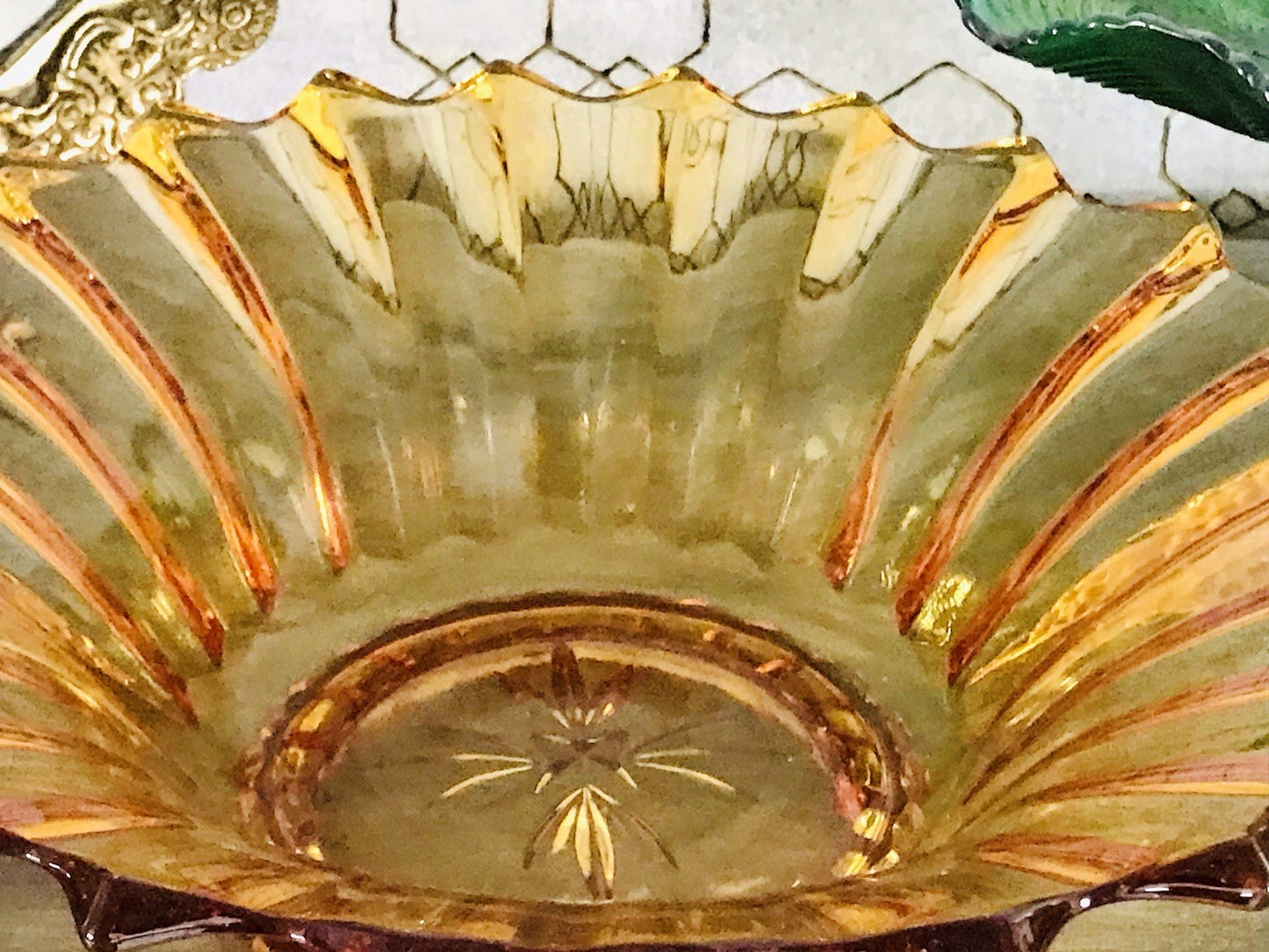 Antik Art Déco gelb Pressglas Schale Glas Brockwitz Prismen Fruchtschale 1941