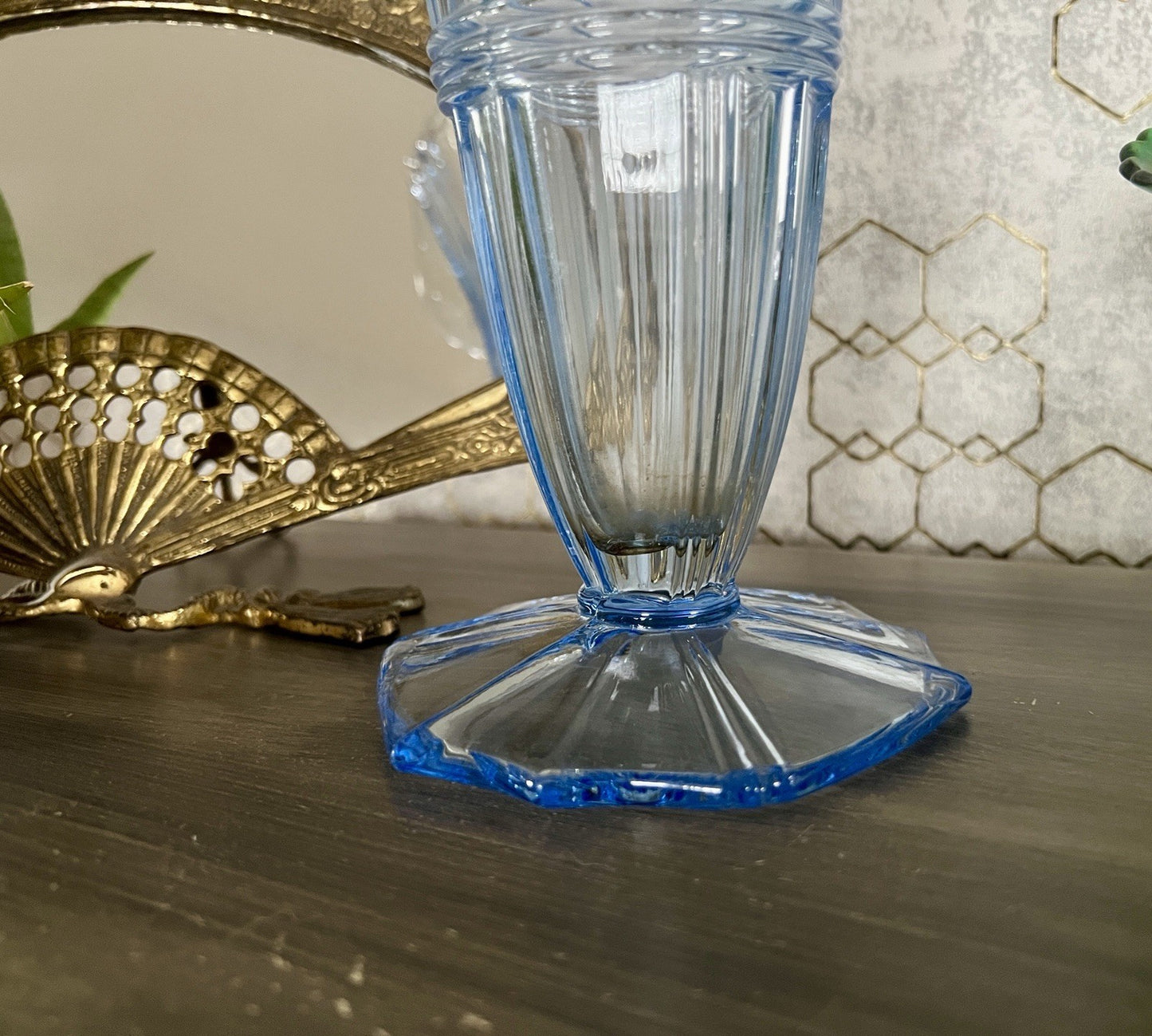 Antik Art Déco 1 GROẞ Bernsdorf Vase Glasvase Pressglas blau Glas RAR! asymmetr.