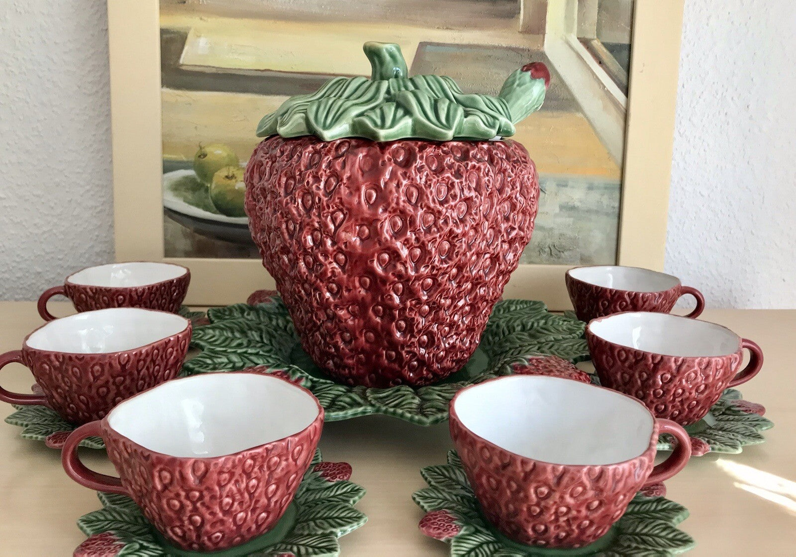 Vintage alt Majolika Keramik Bowle Set Topf 6 Tassen grün rot Erdbeere Pinhero