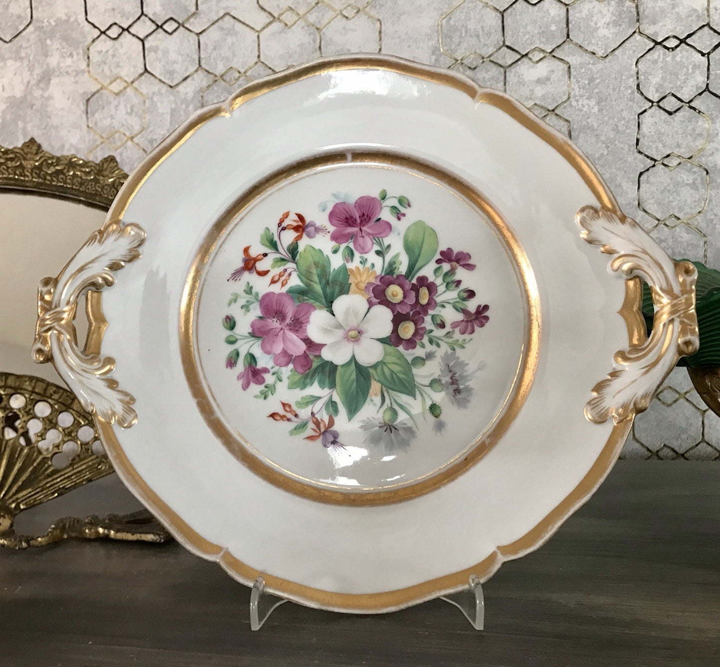 Antik Tielsch Porzellan Schale Zierschale Prunkschale um 1860 Blumenmalerei
