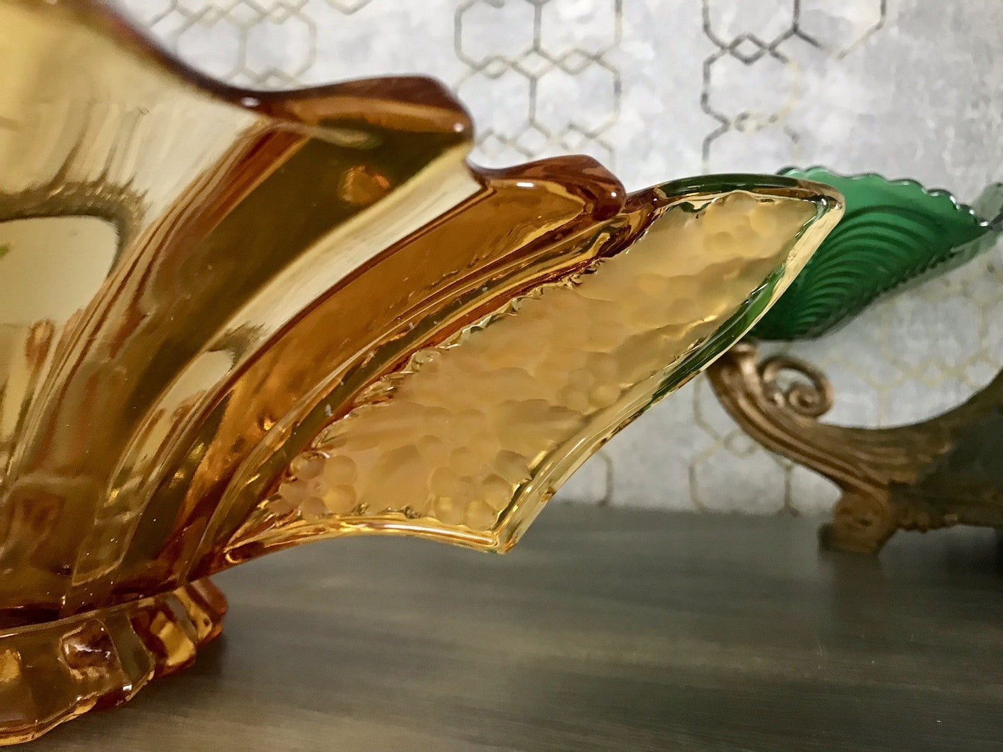 Antik Art Déco gelb Pressglas Schale Glas Brockwitz Prismen Fruchtschale 1941