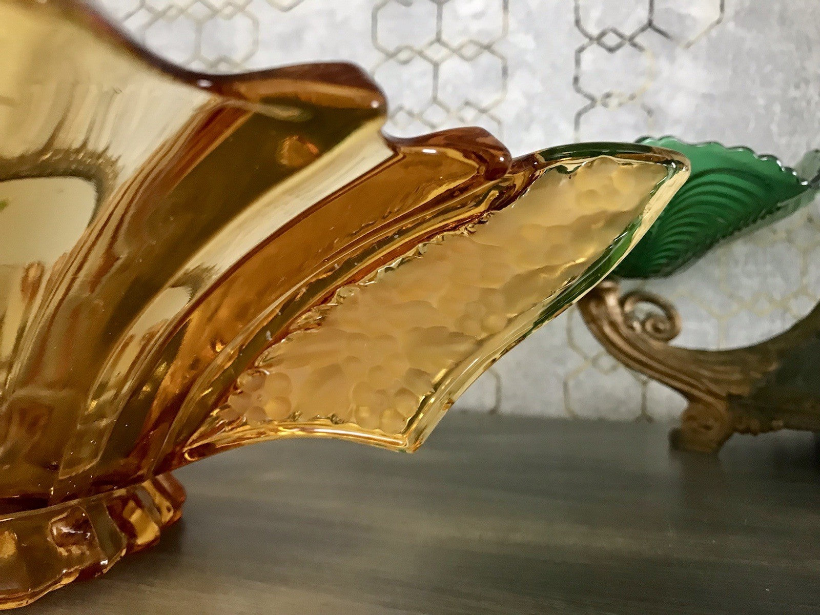 Antik Art Déco gelb Pressglas Schale Glas Brockwitz Prismen Fruchtschale 1941