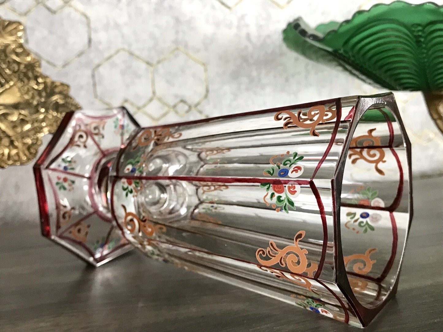 Antikisiert Replik Böhmisch Biedermeier Email-Malerei Glas Fußbecher bemalt
