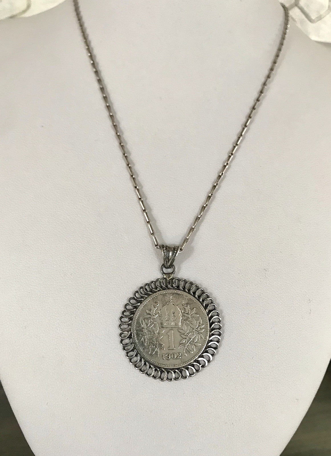 Antik Halskette Münze Kaiser Franz 1902 Anhänger Kettenanhänger Silber 835