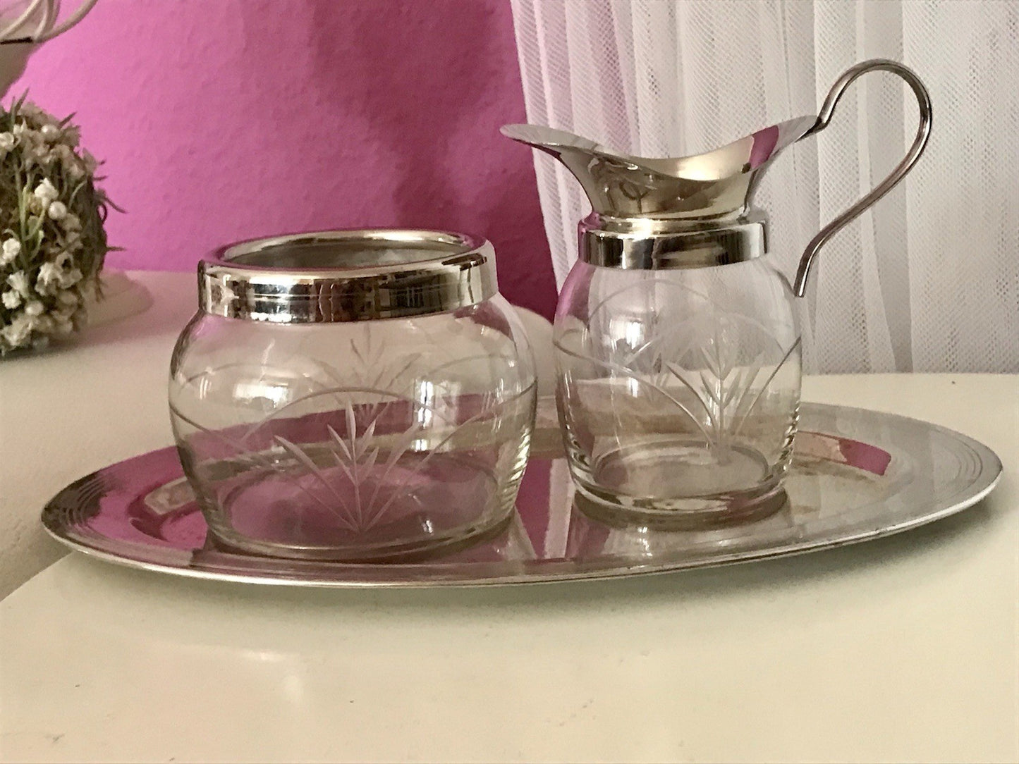 Antik Jugendstil 3 Teile Milch& Zucker Tablett Metallmontur & Glas geschliffen