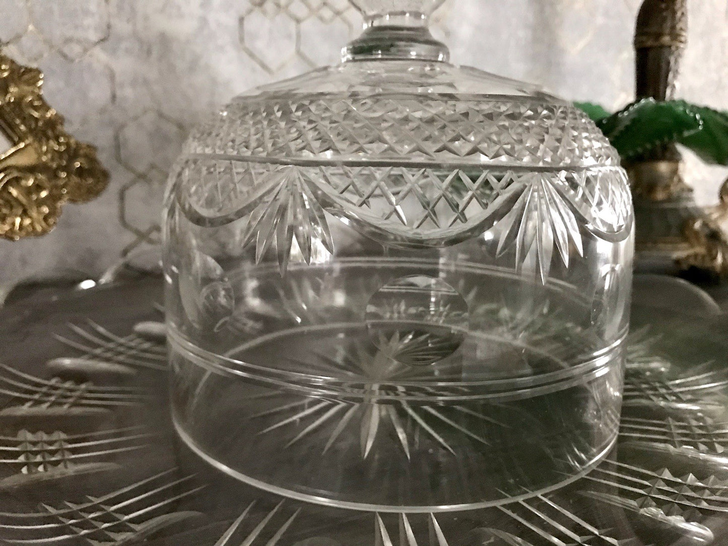 Antik EDEL Cloche Speise Glocke Käseglocke Butterglocke Schliff Kristallglas