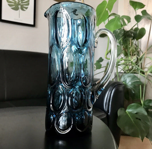 Vintage Designer 60er Krug Kanne Karaffe Space Age Glas Bubble Struktur blau