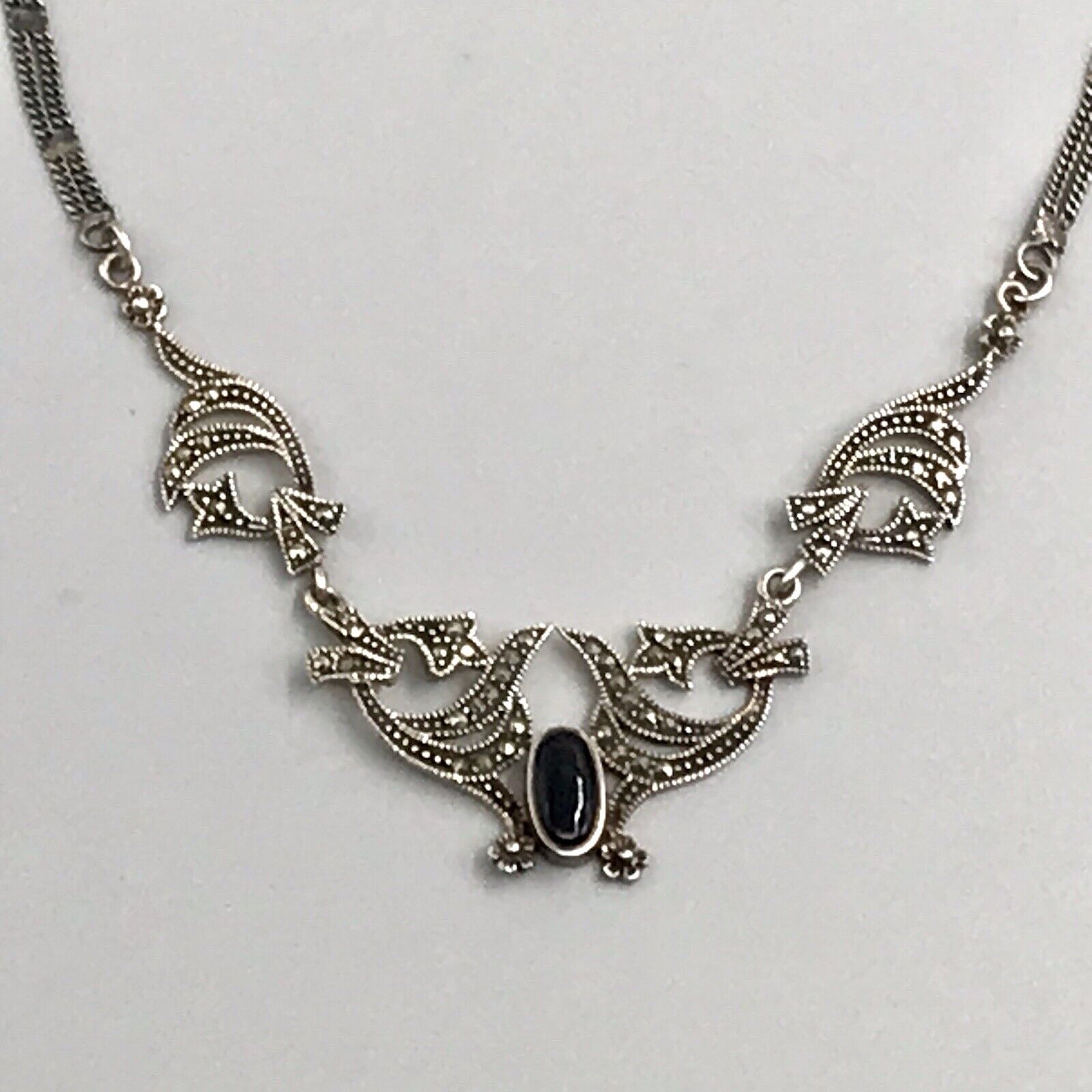 Antik Edel Jugendstil Art Déco 925 Silber Collier Halskette mit Onyx & Markasite