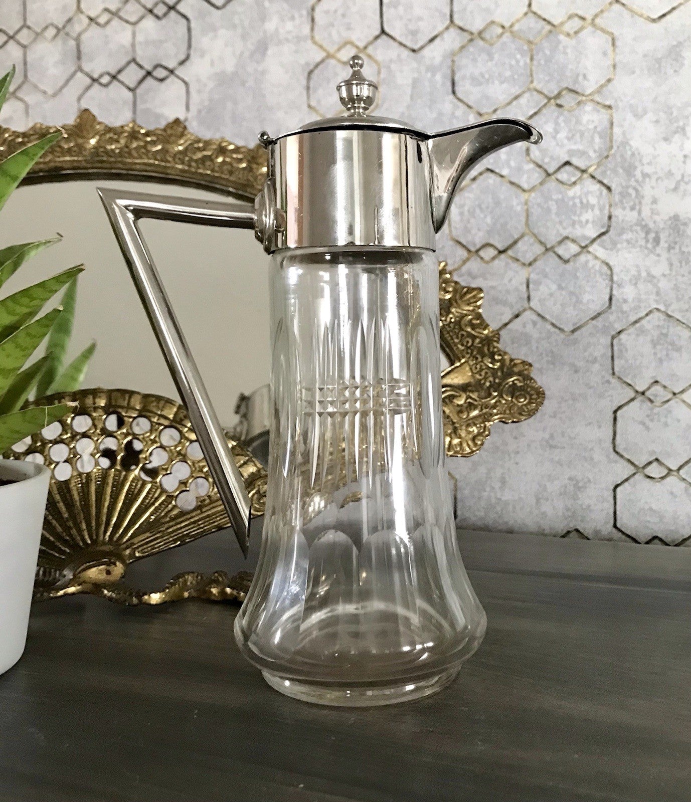 Antik Karaffe Dekanter Metallmontur versilbert? Kristallglas Schliff Edel!