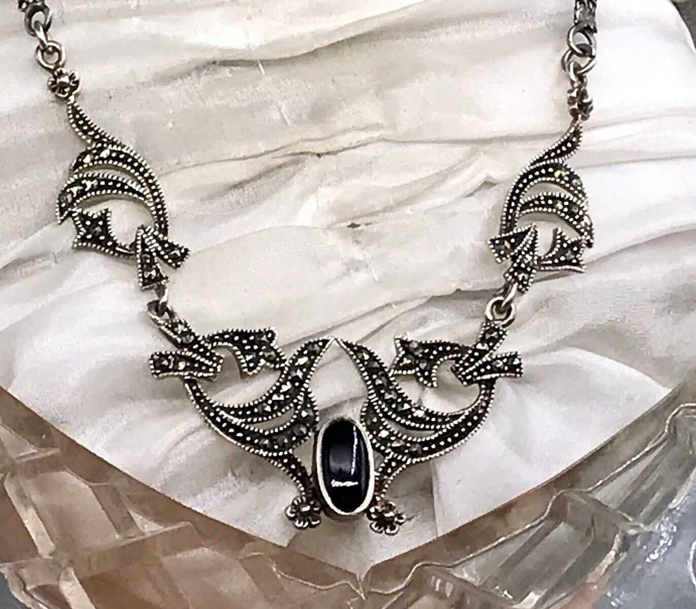 Antik Edel Jugendstil Art Déco 925 Silber Collier Halskette mit Onyx & Markasite