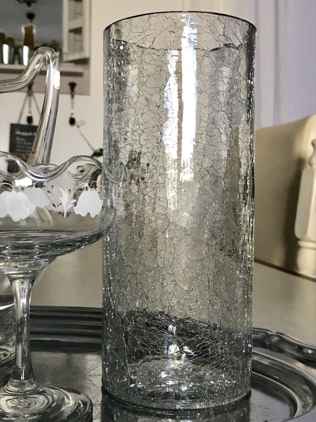 Vintage Kristallglas Kunstglas Craquelée Vase Glasvase zylindrisch groß