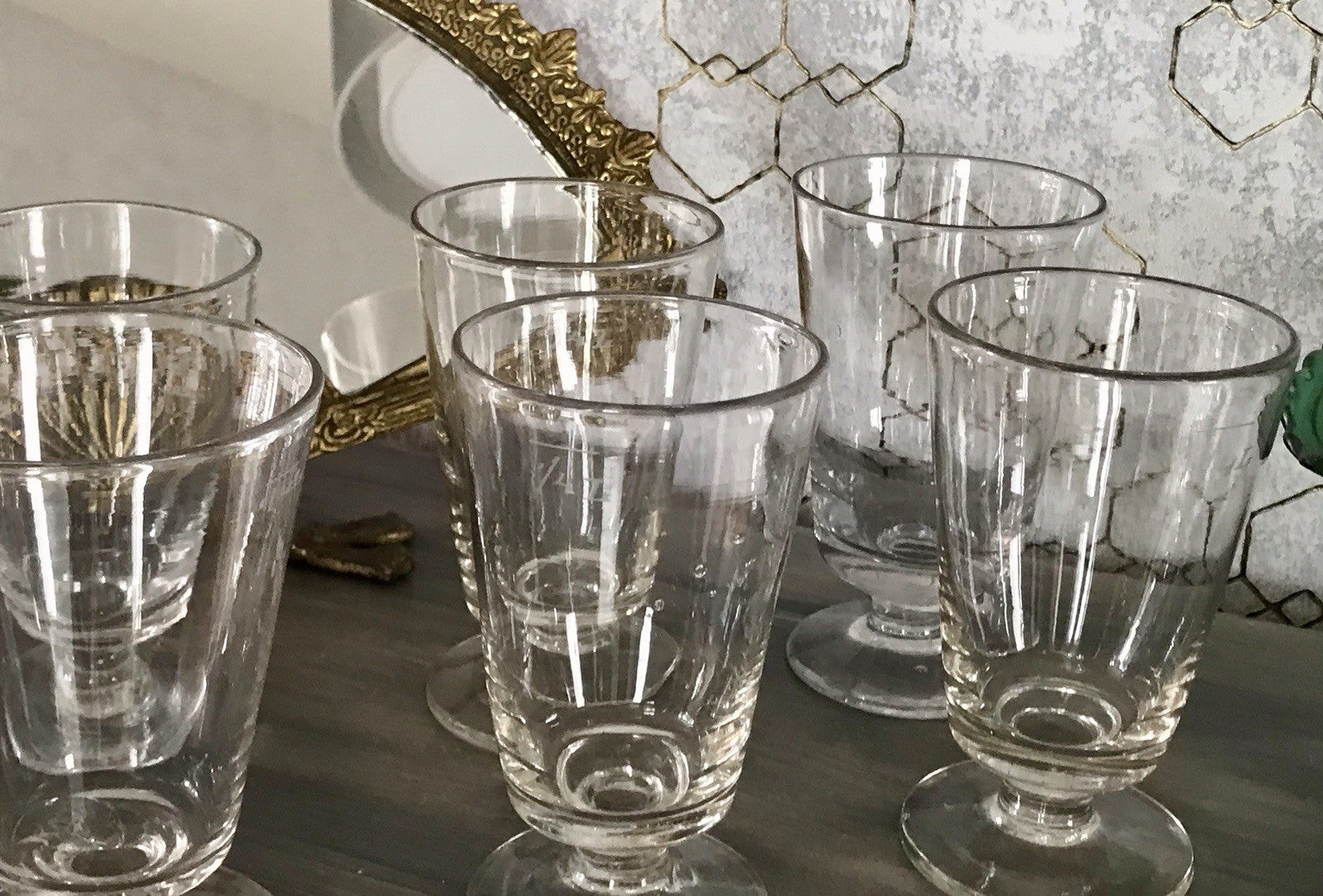 Antik 6 Fußbecher Becher Weinglas Pokalglas Glas ~ 1900 Eichstrich mundgeblasen