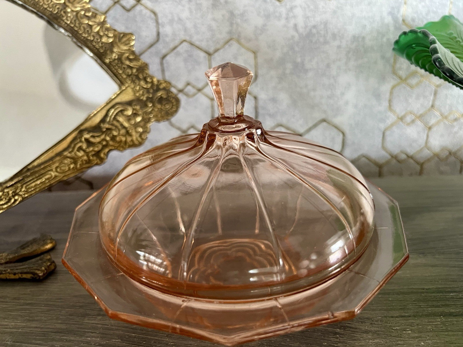 Antik Art Déco Dose Deckeldose Rosalin Rosa Pressglas