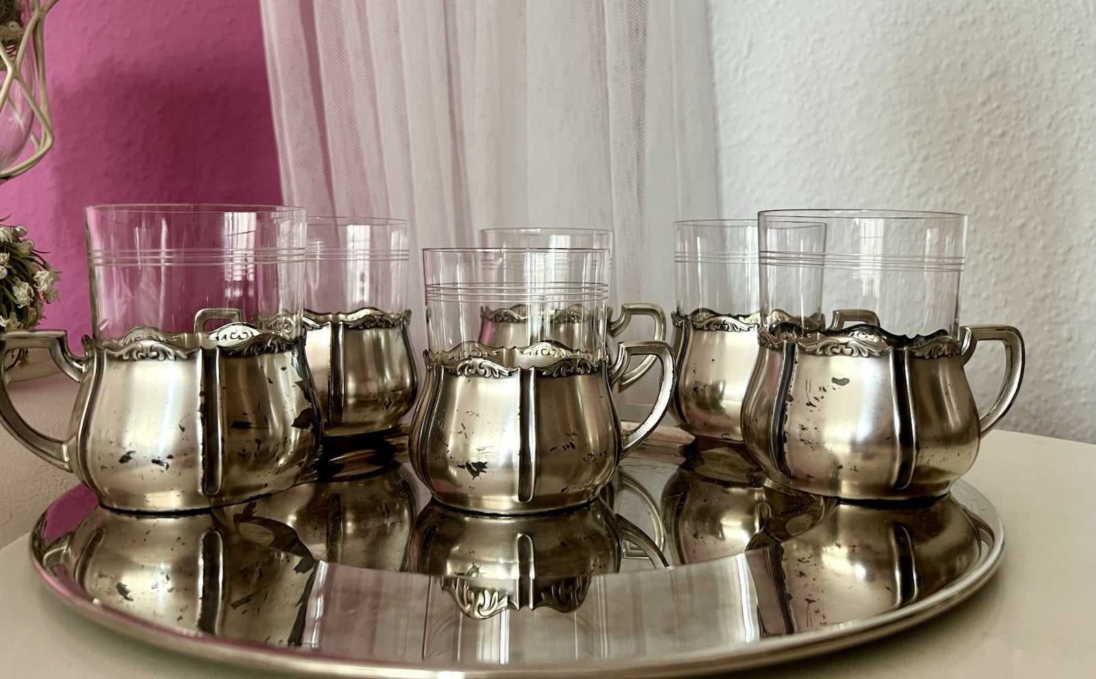 Antik WMF 6 Teeglashalter &6 Glaseinsätze Versilbert Art Déco  3x Straußenmarke