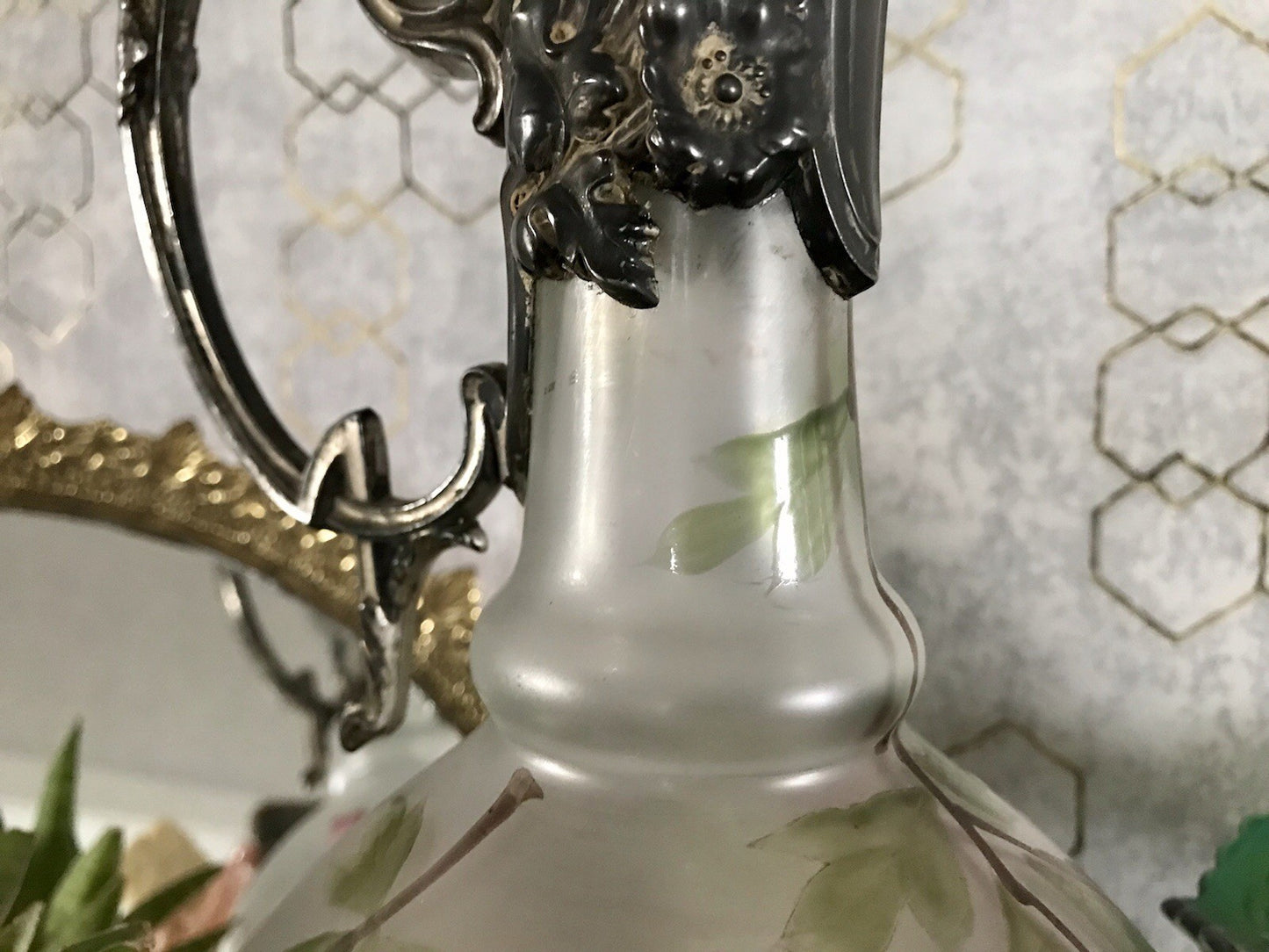 Antik Legras Karaffe Dekanter Schankkrug Glas versilbert Montur bemalt