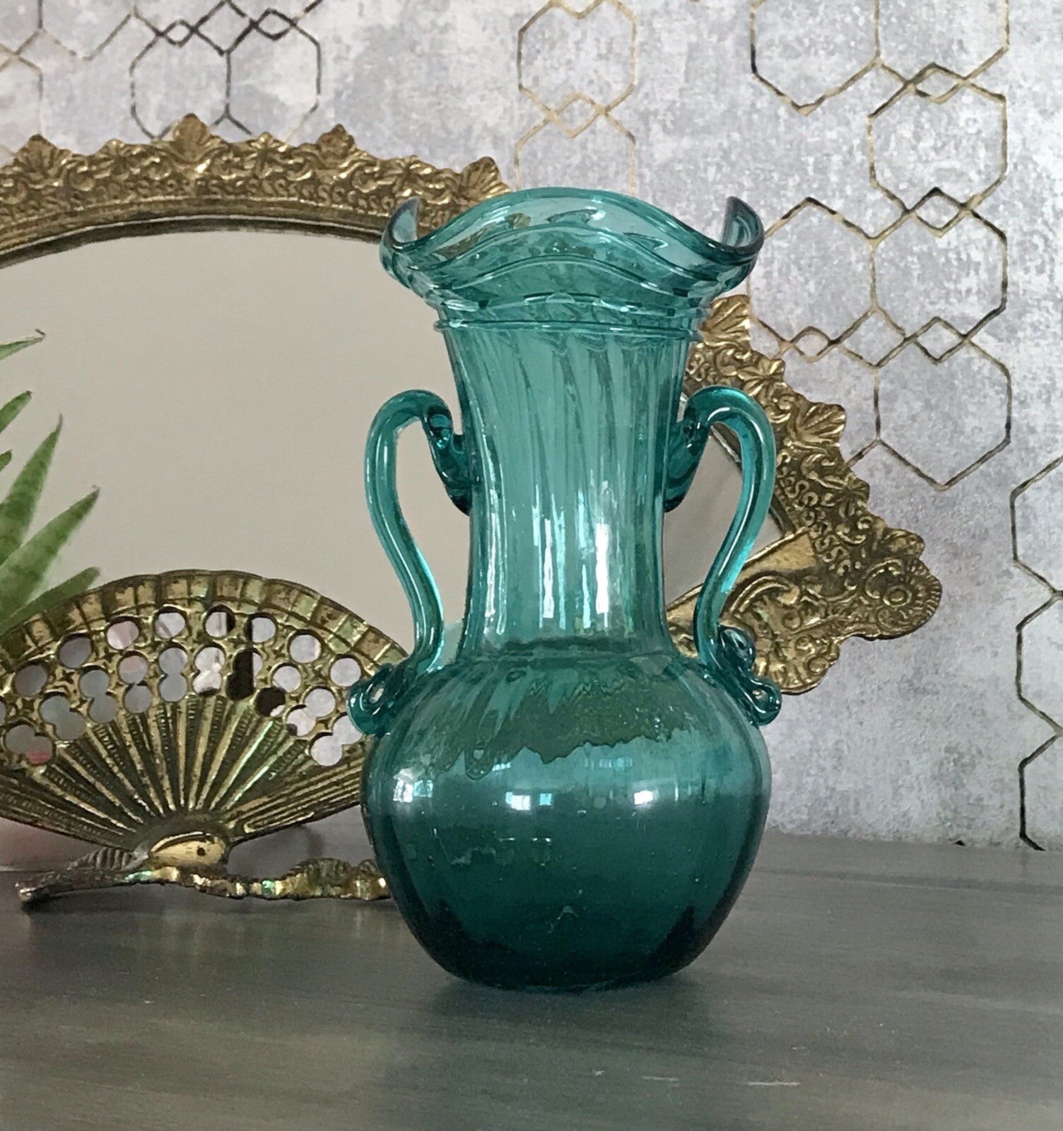 Antik Glasvase Vase Türkis Blau Glas Abriss Aufschmelzungen Murano?