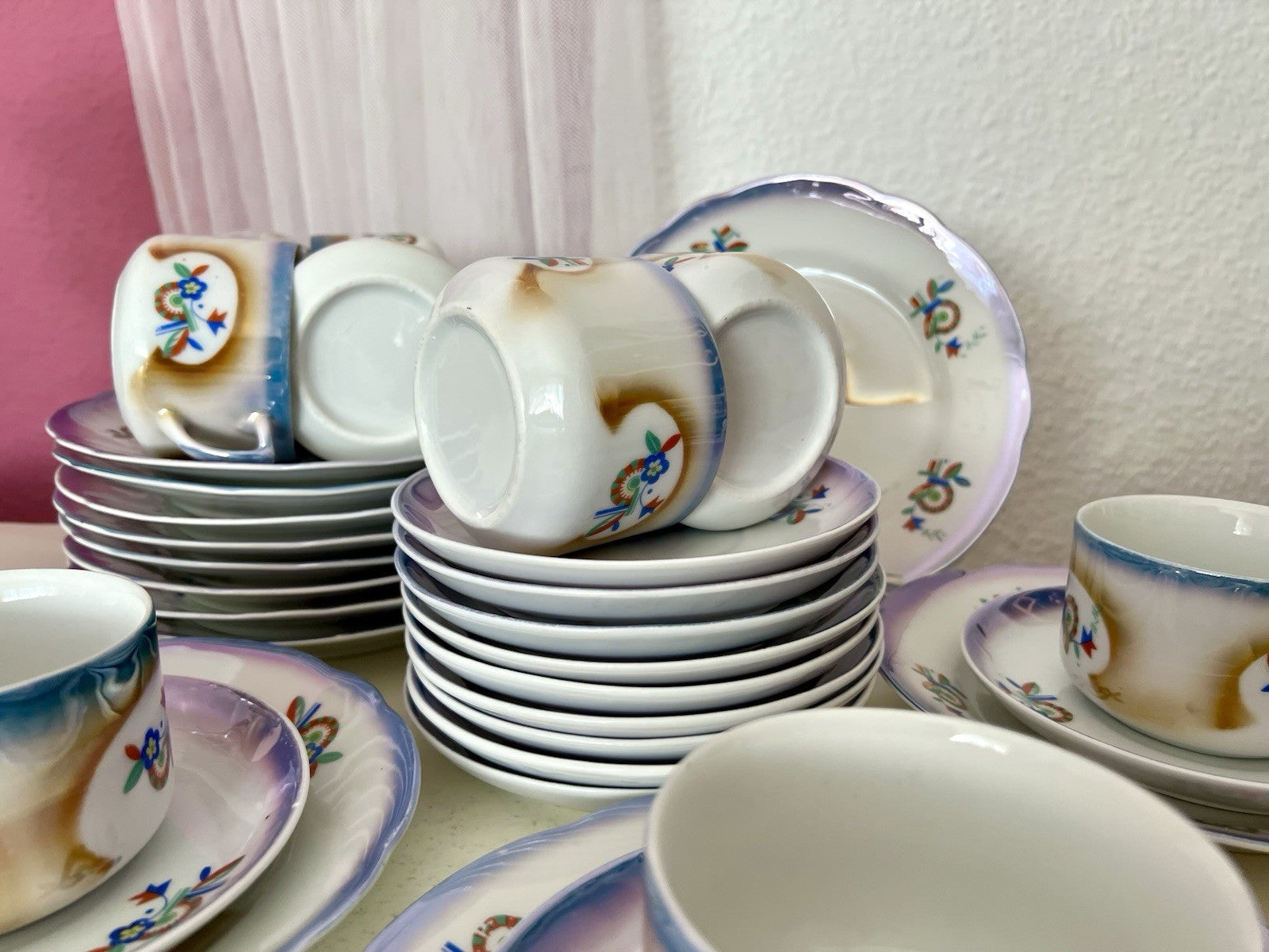 Antik Art Déco Porzellan Kaffeeservice Spritzdekor Teeservice 9 Pers. plus