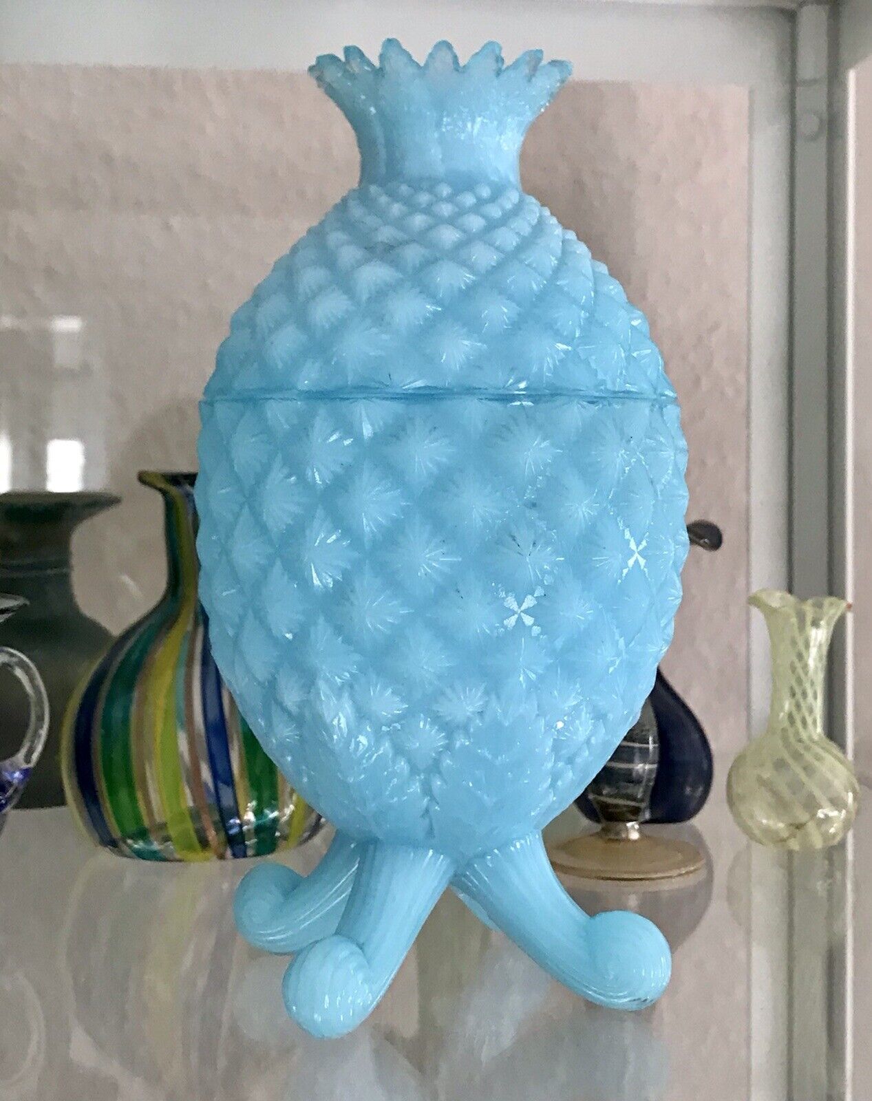 Antik Jugendstil Ananas Glasdose Dose Opalglas Deckeldose blau Pressglas SCHÖN!