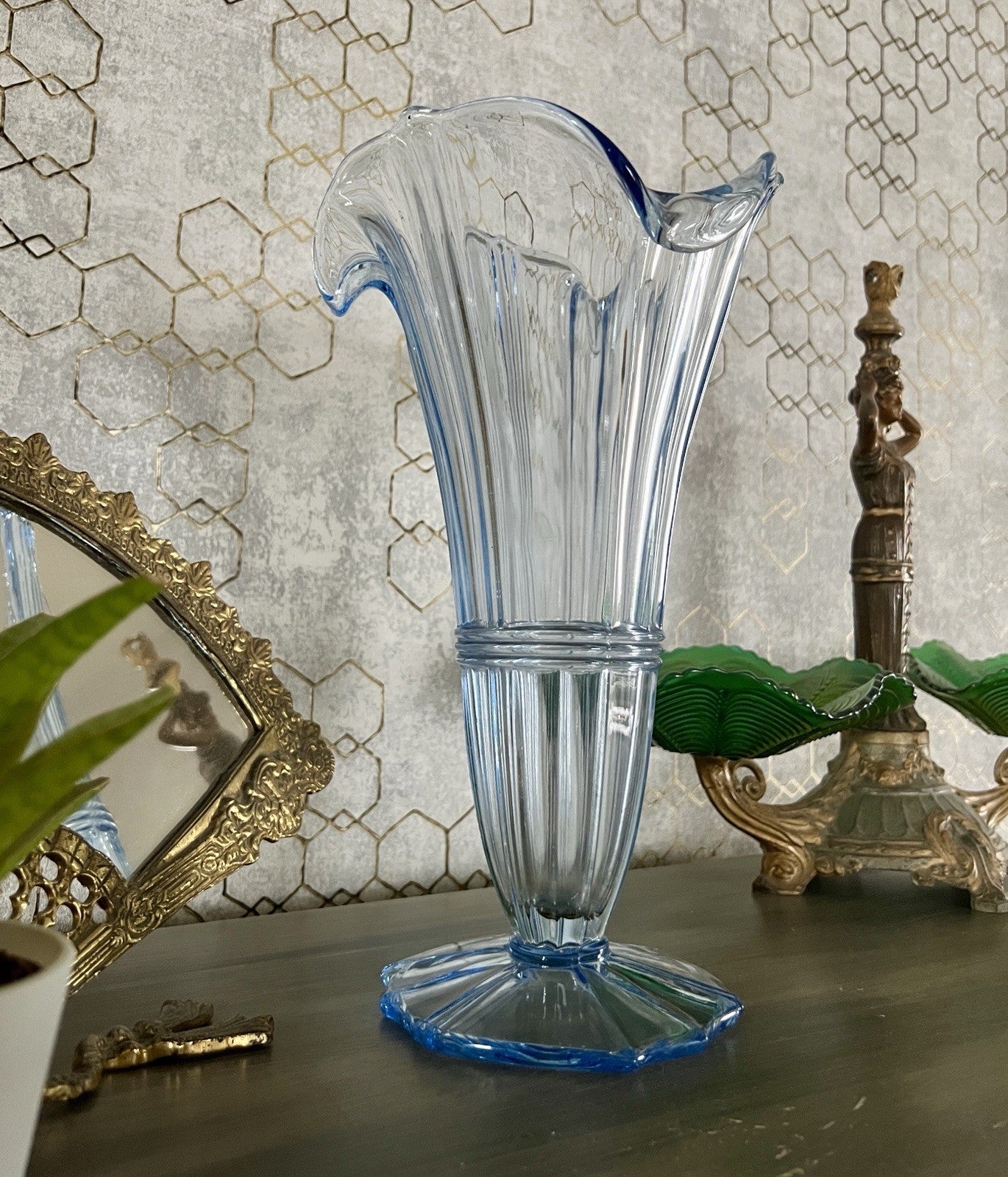 Antik Art Déco 1 GROẞ Bernsdorf Vase Glasvase Pressglas blau Glas RAR! asymmetr.