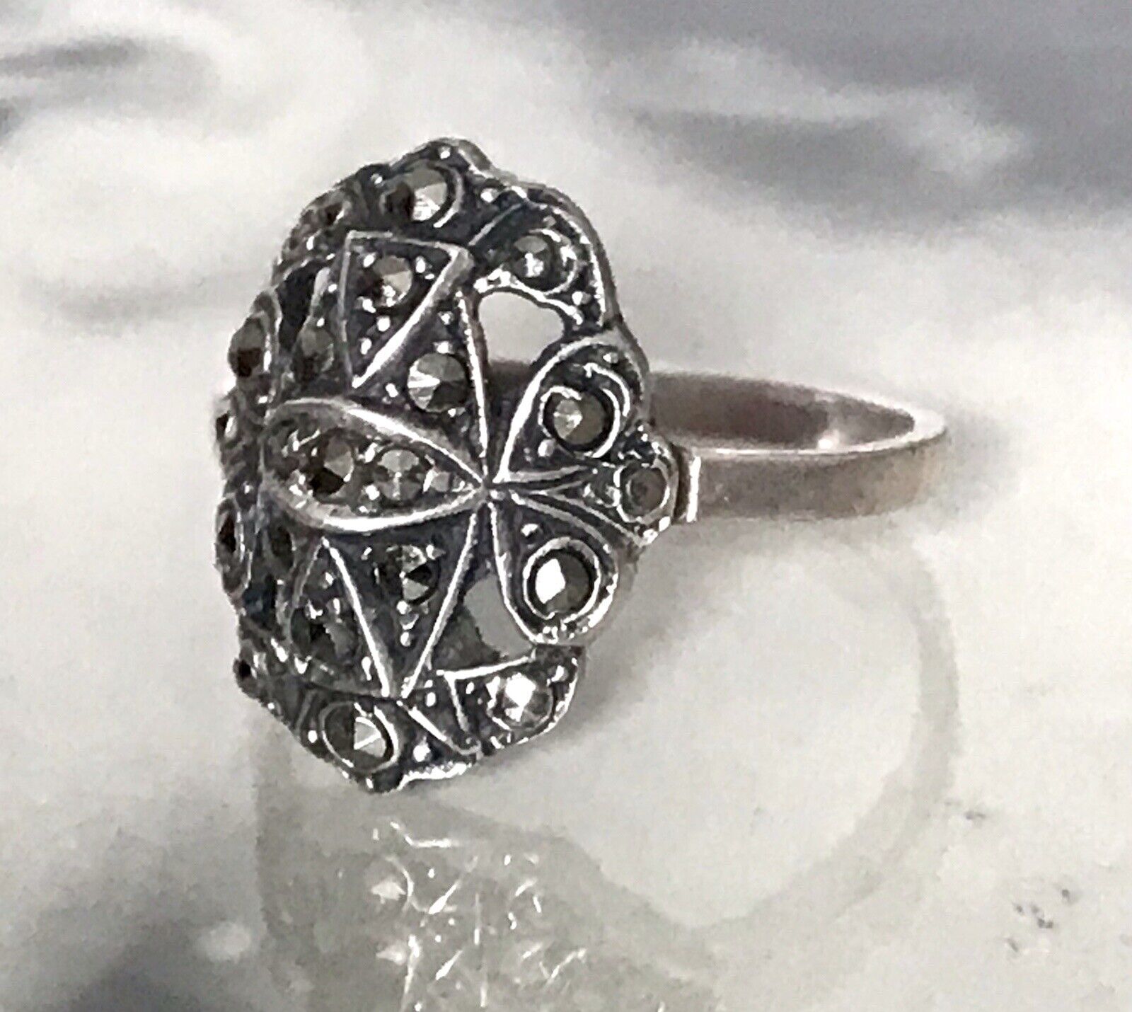 Antik Art Déco Edel Markasite DAMEN RING Silber 925 Gr.52 53 Schiffchen 1,68