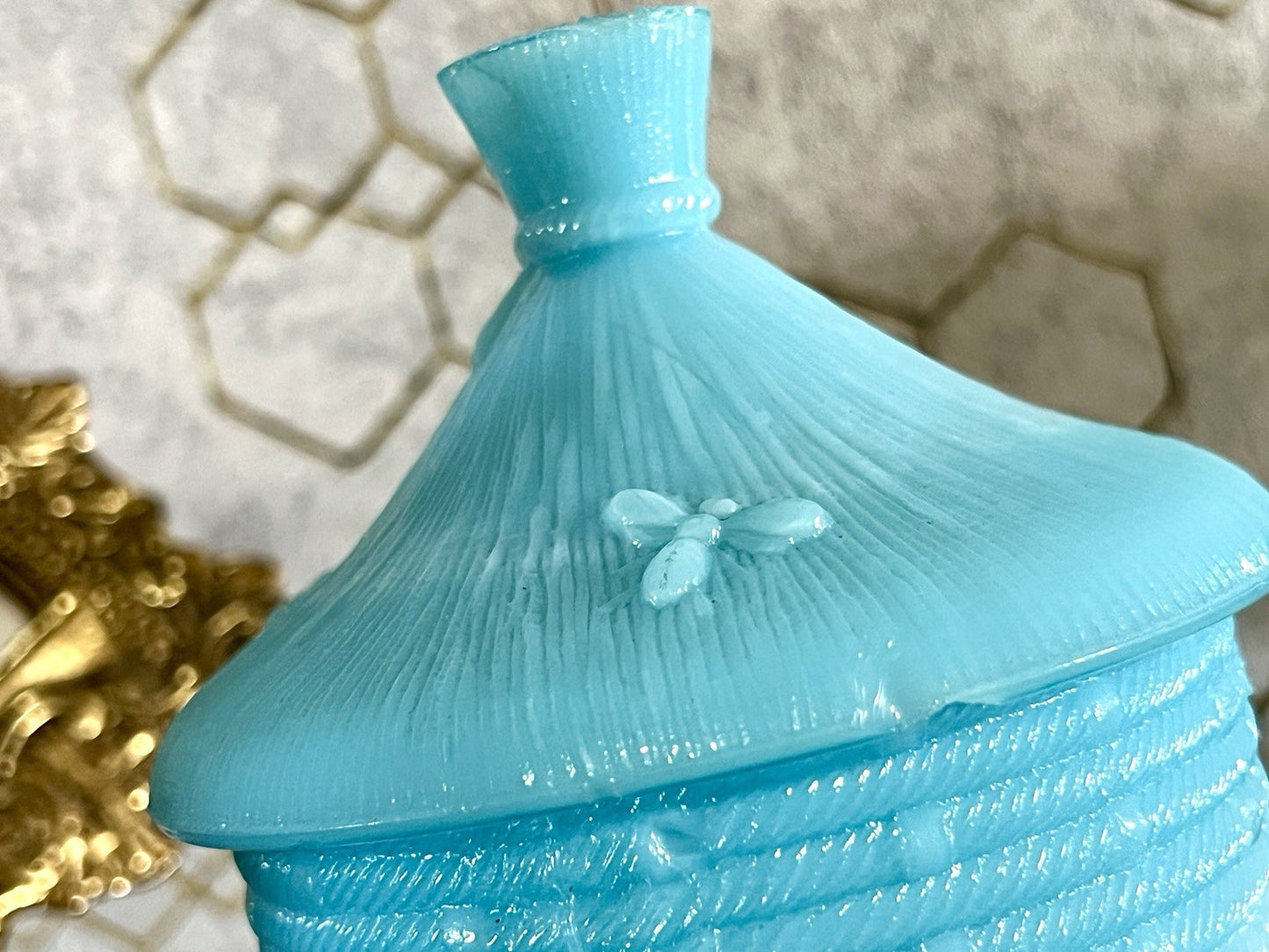 Antik Portieux 1900 Bienenstock Glasdose Dose Opalglas Deckeldose blau Pressglas