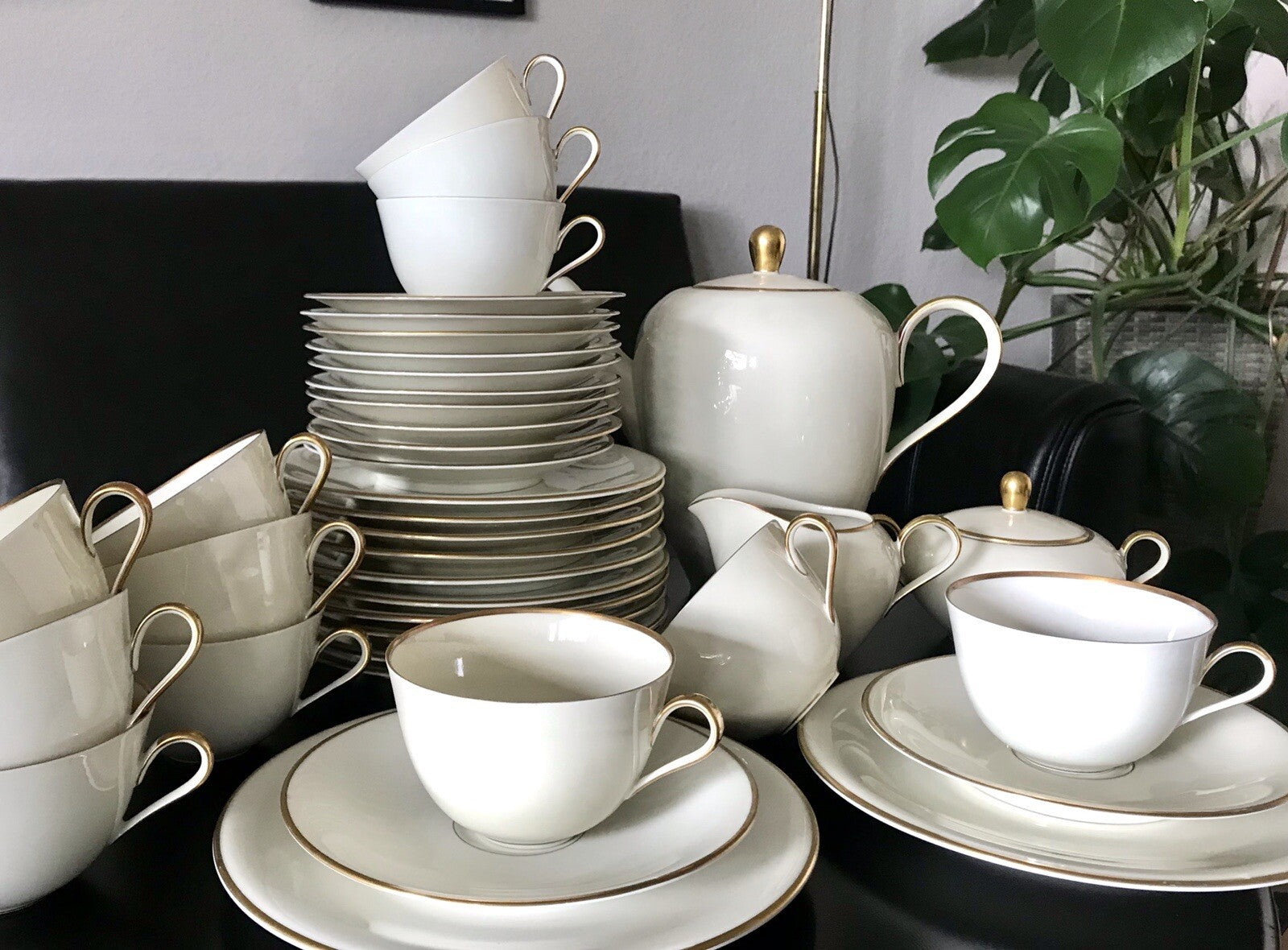 Vintage Art Déco elfenbein Porzellan Kaffeeservice Service 12 Pers. Edelstein