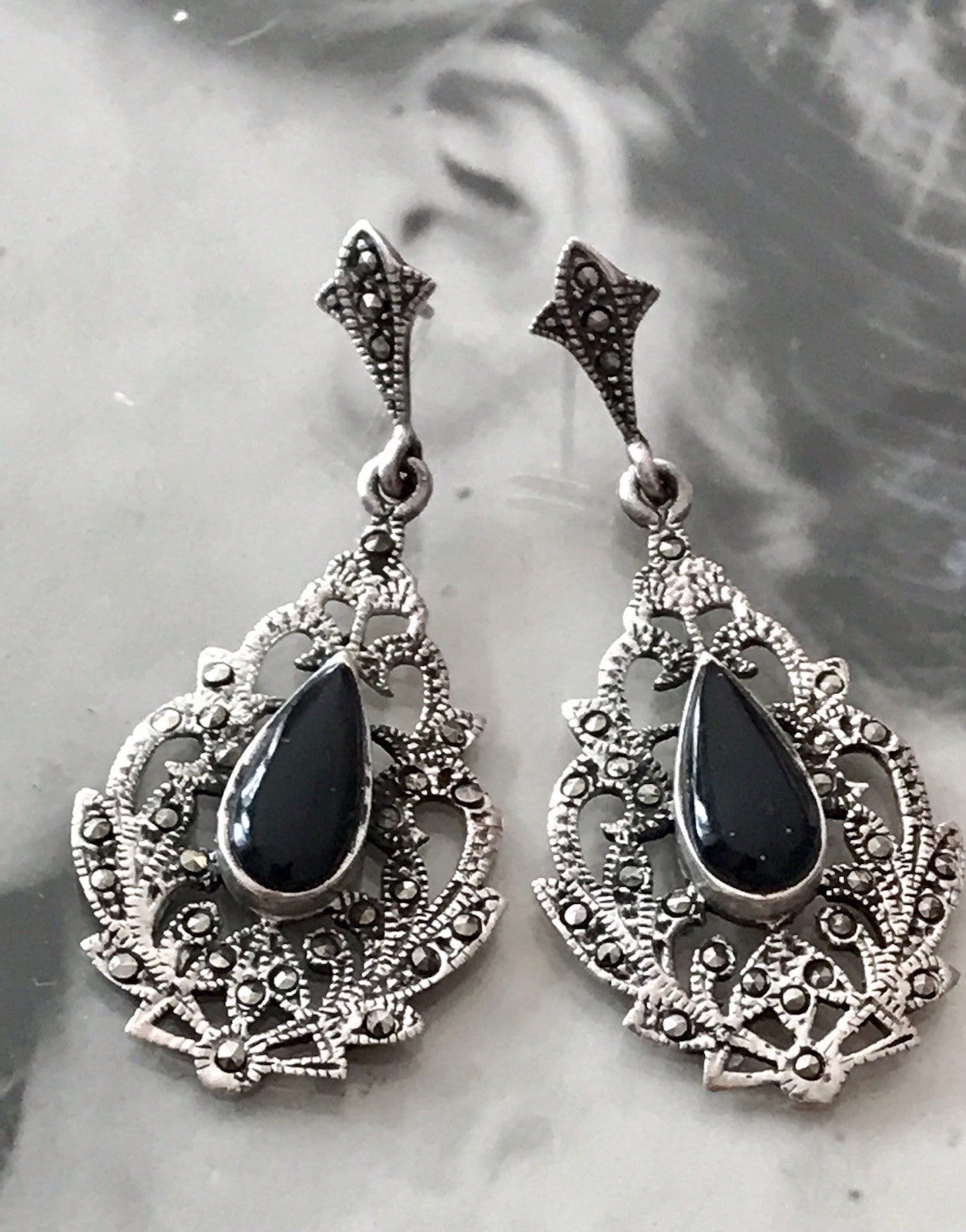 Antik Art Déco Wundervoll Ohrhänger Ohrringe DAMEN Silber 925 Onyx Markasite