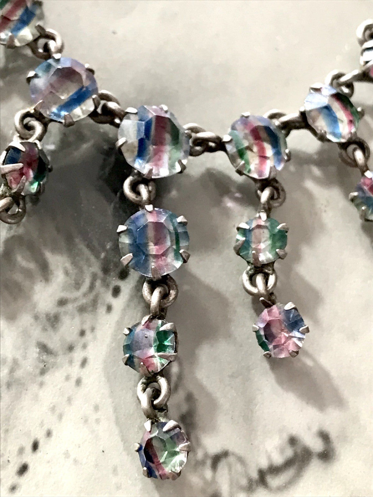 Antik Edel Art Déco 925 Silber Collier Halskette Rheinkiesel