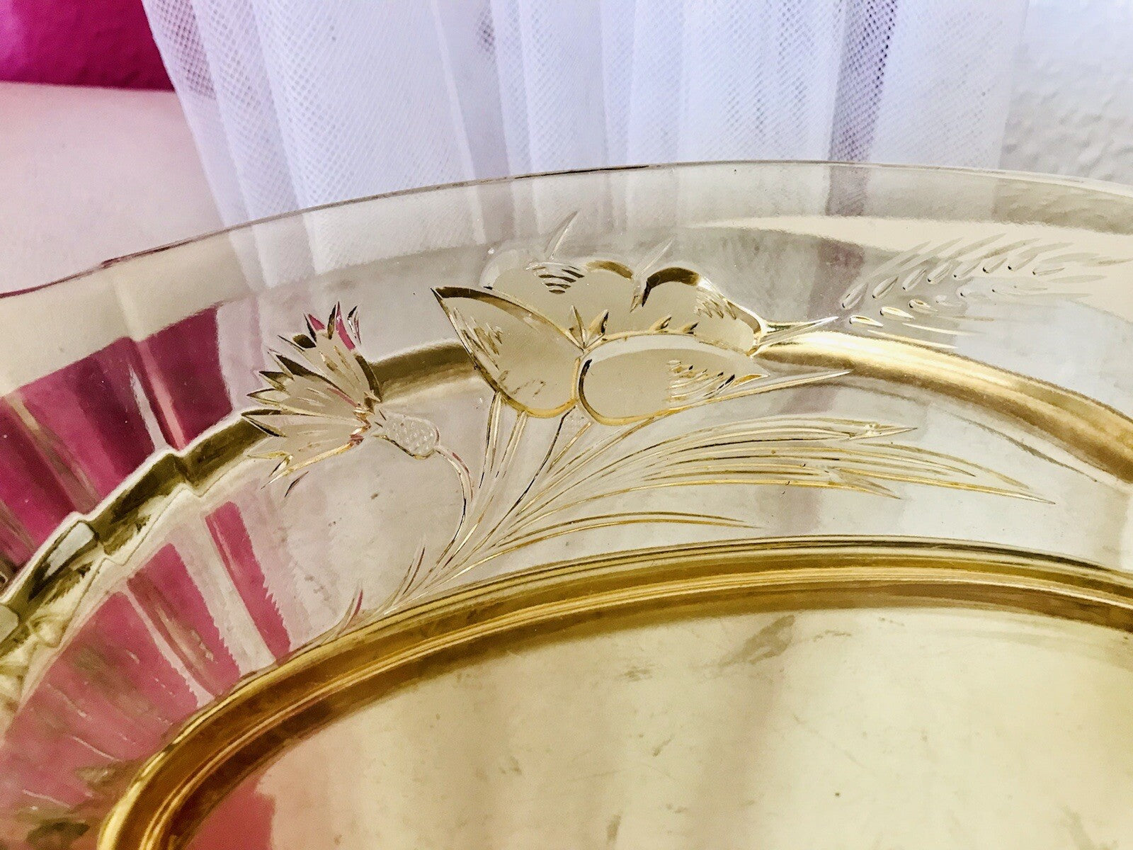 Antik Art Déco Bernstein Farbe gelb Pressglas Schale Jardiniere Glas