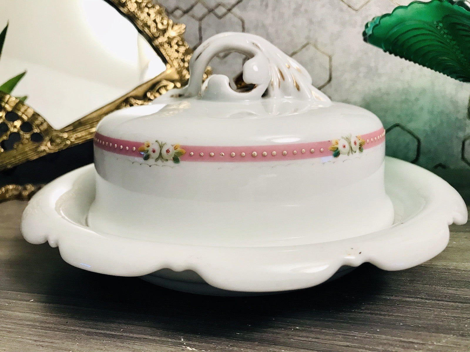 Antik Biedermeier Porzellan Butterdose Dose Handbemalung weiß rosa gold