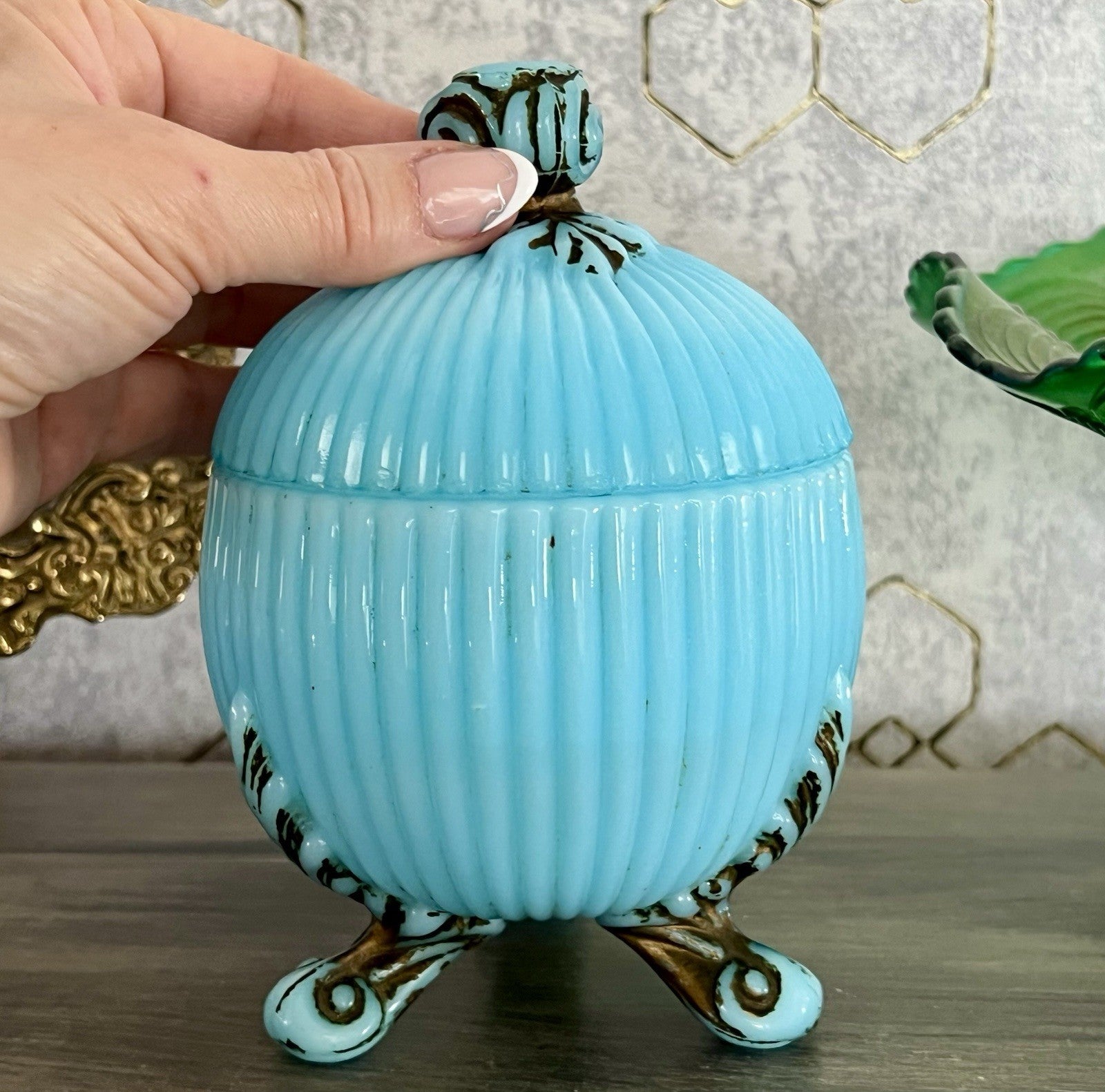Antik Jugendstil Glasdose Kugel Dose Opalglas Deckeldose blau Pressglas SCHÖN!