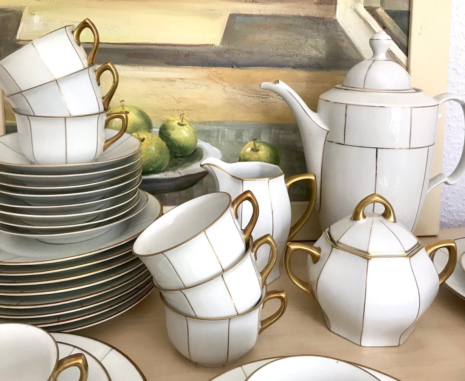 Antik Art Déco Porzellan 10+ Personen Kaffeeservice EDEL weiß Golddekor kantig