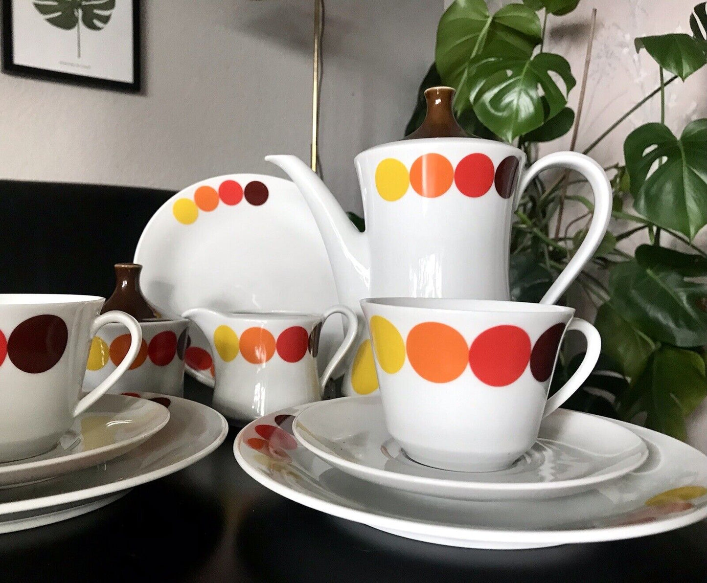 Alt Vintage 70er Seltmann Porzellan Kaffeeservice weiß bunte Kreise 6 Personen