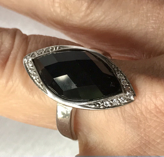Vintage Onyx? & farblose Steine DAMEN RING Silber 925 Gr.57 58 Schiffchen