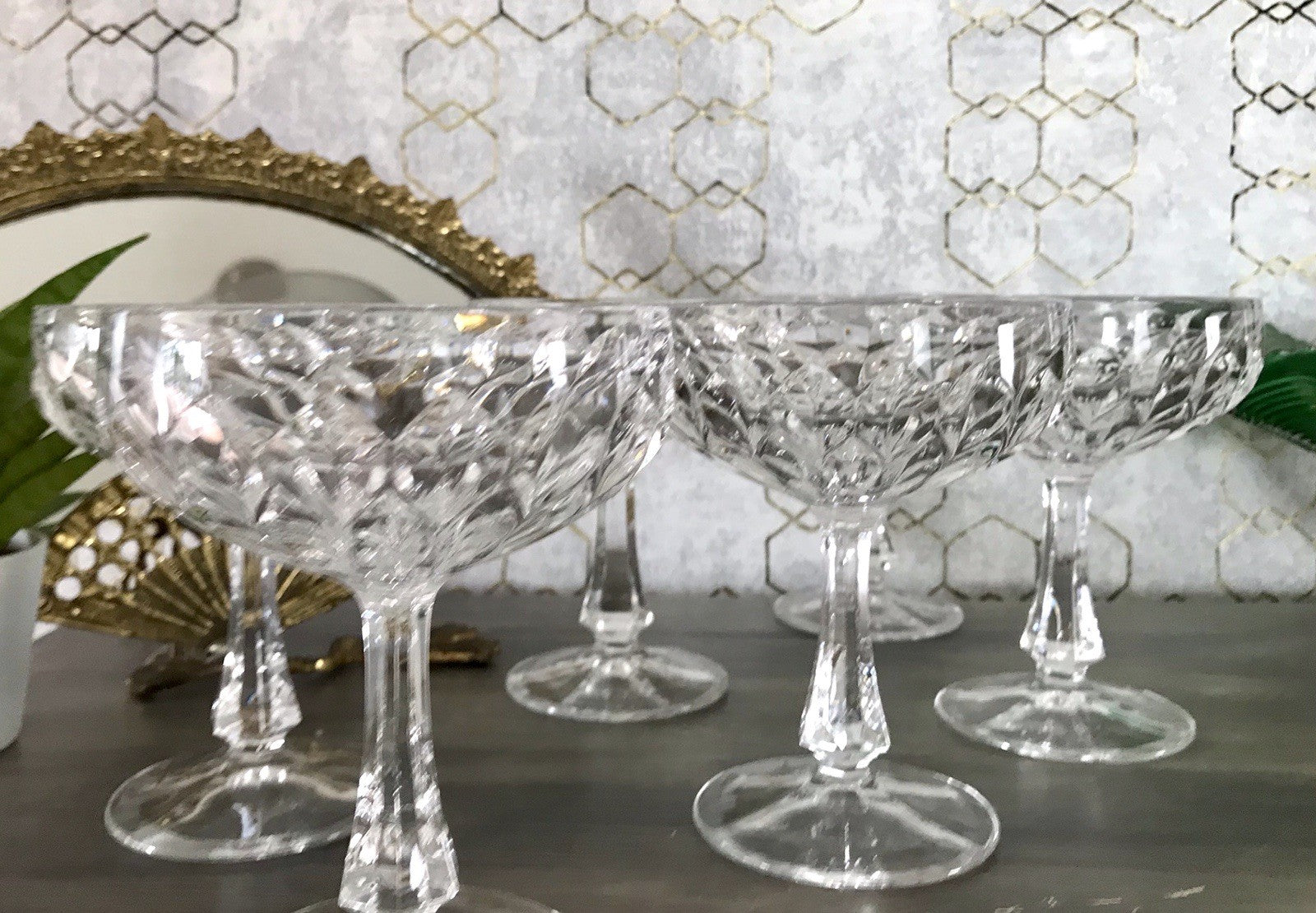 Vintage 9x Champagnerschalen Sektschalen Kristallglas Schliff Bleikristall