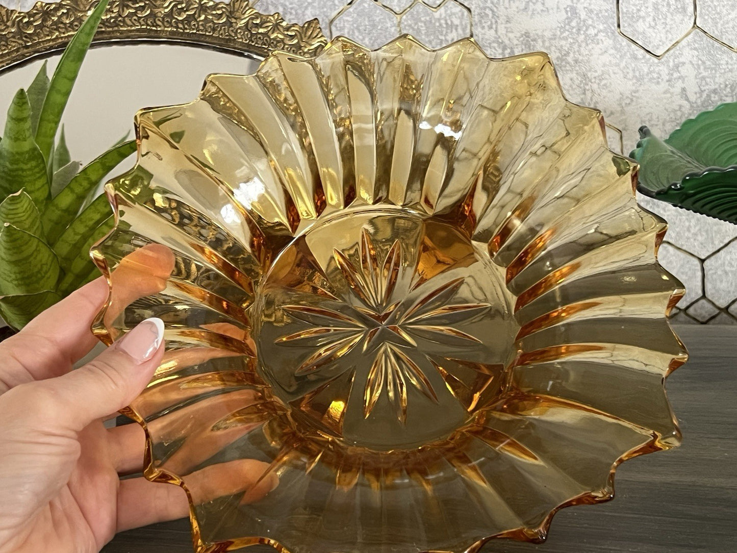 Antik Jardiniere Brockwitz Prismen Bernstein gelb Art Déco Schale Pressglas Glas