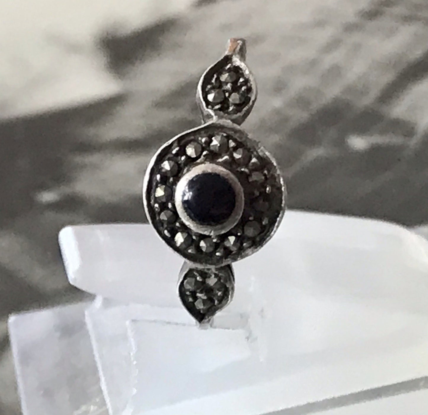 Antik Art Déco Edel Onyx Markasite DAMEN RING Silber 925 Gr.51 16,2