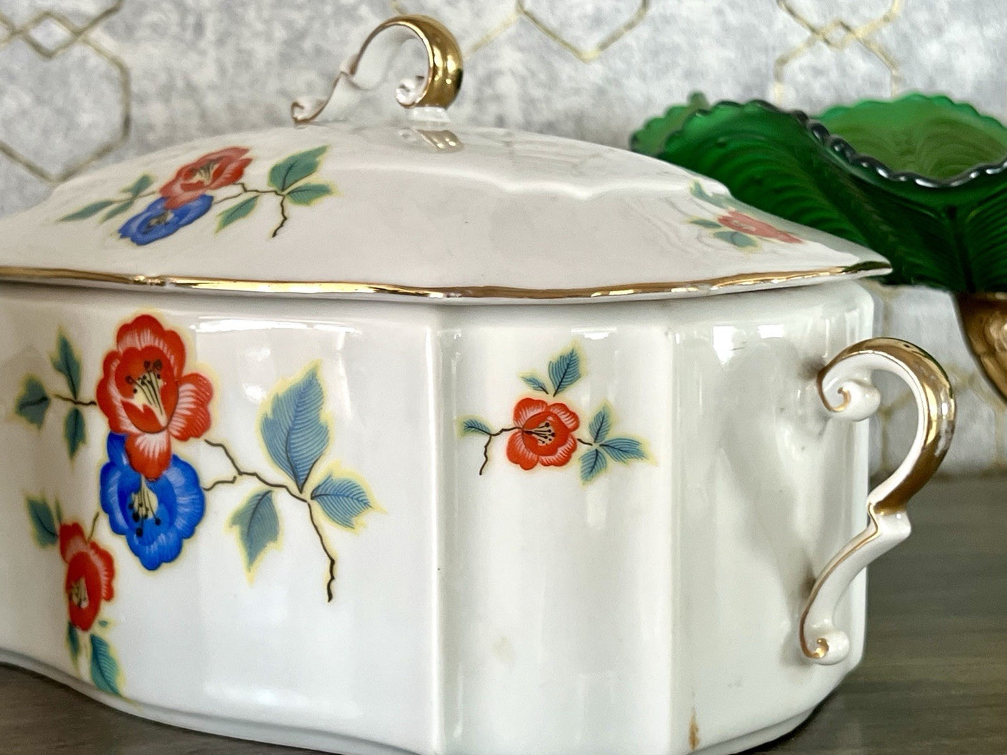 Antik Art Déco Porzellan Dose Deckeldose Schatulle Bonboniere gestempelt R Krone