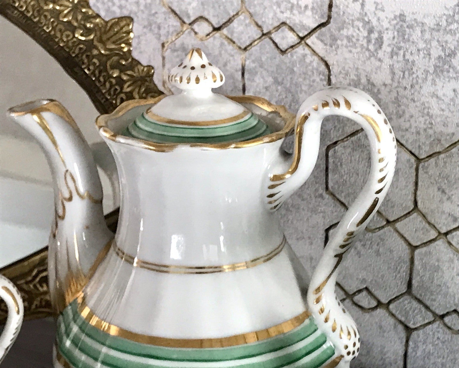 Antik Historismus Porzellan Kaffeeservice Mokkaservice weiß grün Schumann Moabit