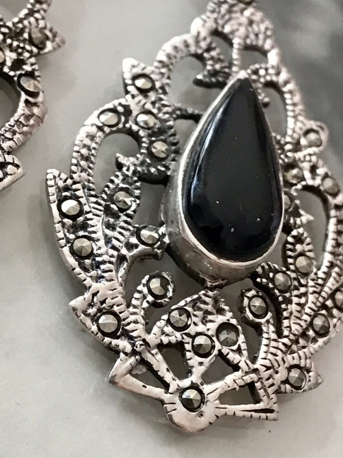Antik Art Déco Wundervoll Ohrhänger Ohrringe DAMEN Silber 925 Onyx Markasite