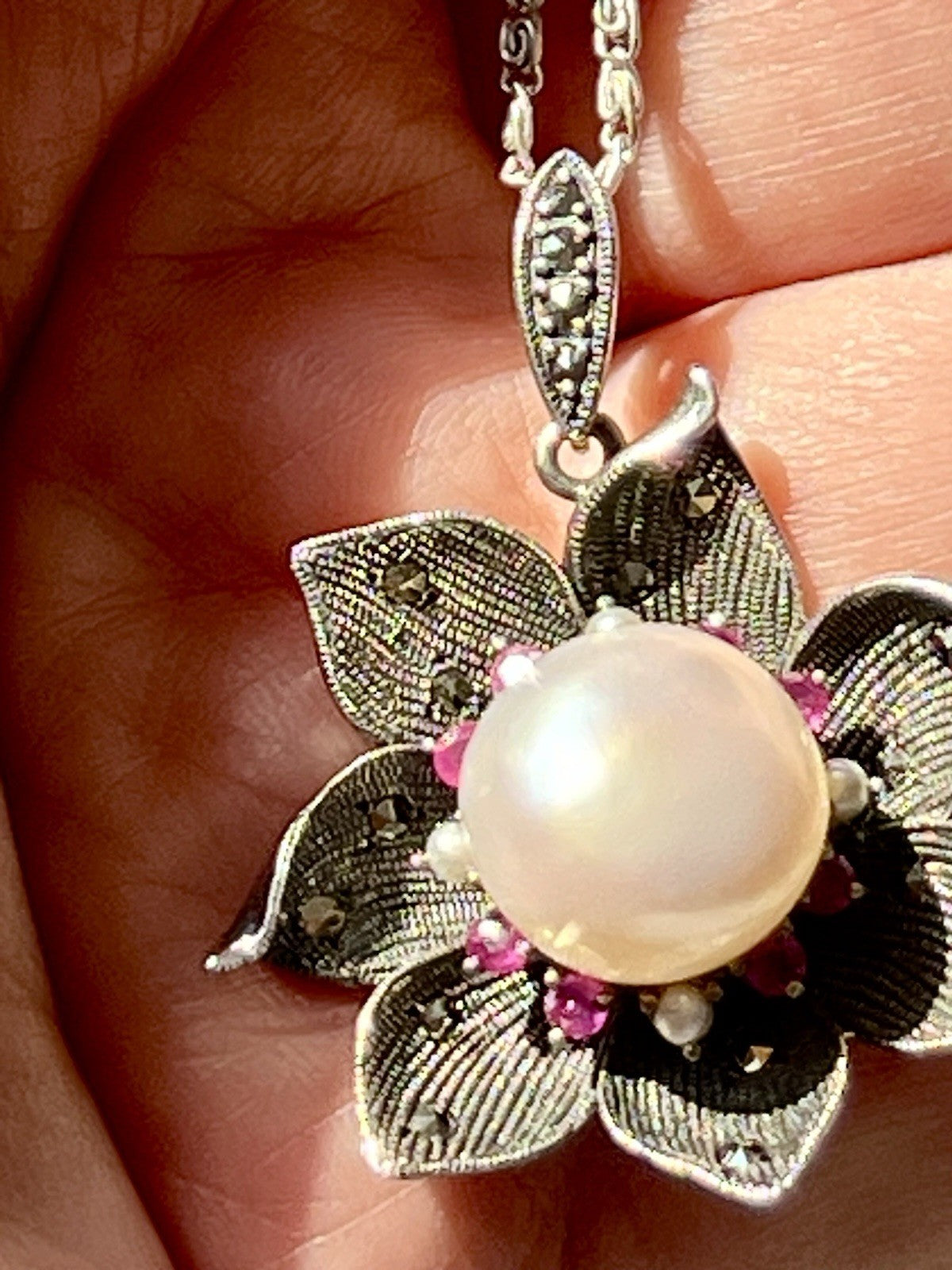 GROß rund Kettenanhänger Anhänger 925 Silber Perle Rubine Markasite Orchidee