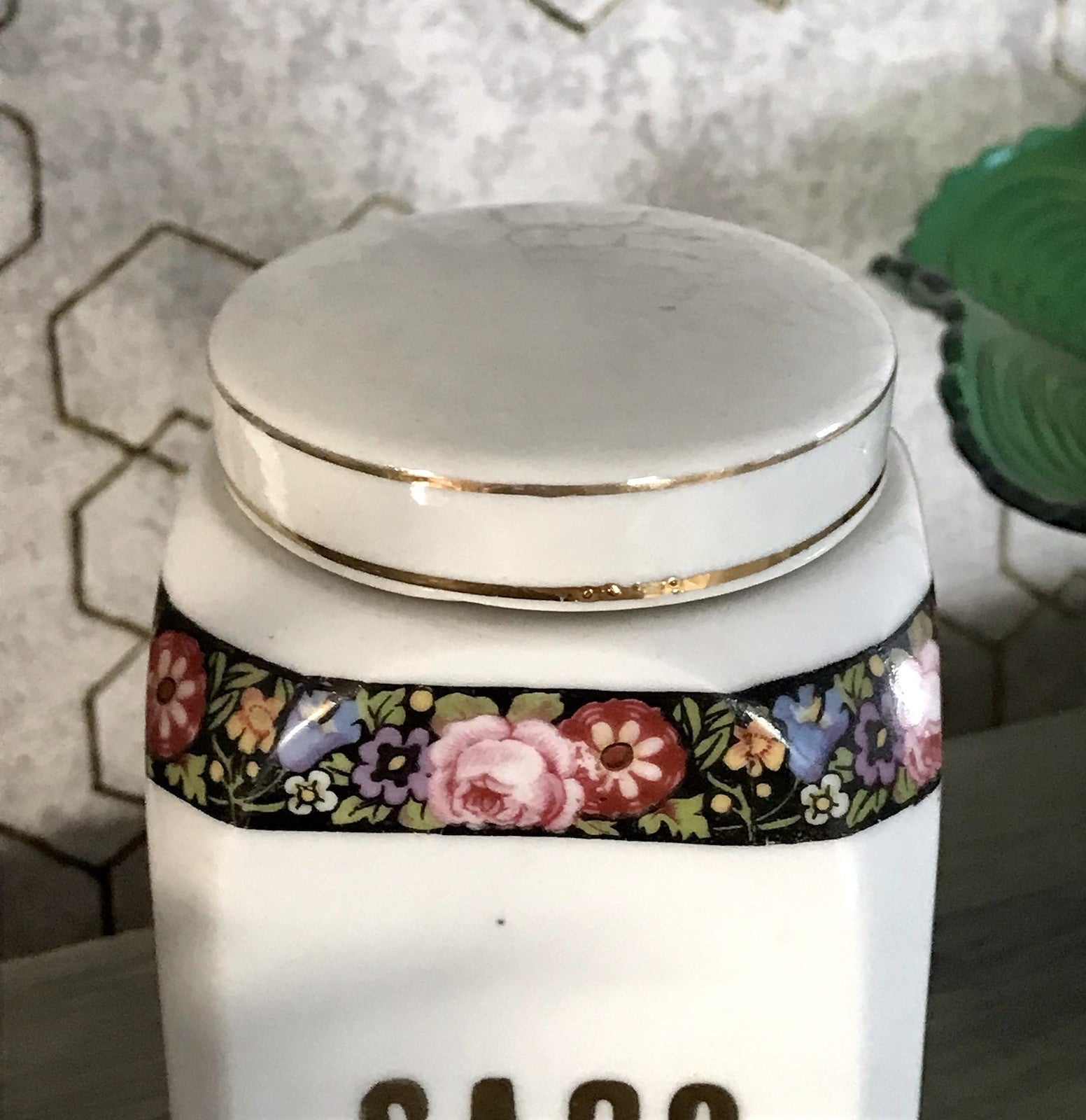 Antik Porzellan Dose Vorratsgefäß Vorratsdose Sago Blumenborte Art Déco