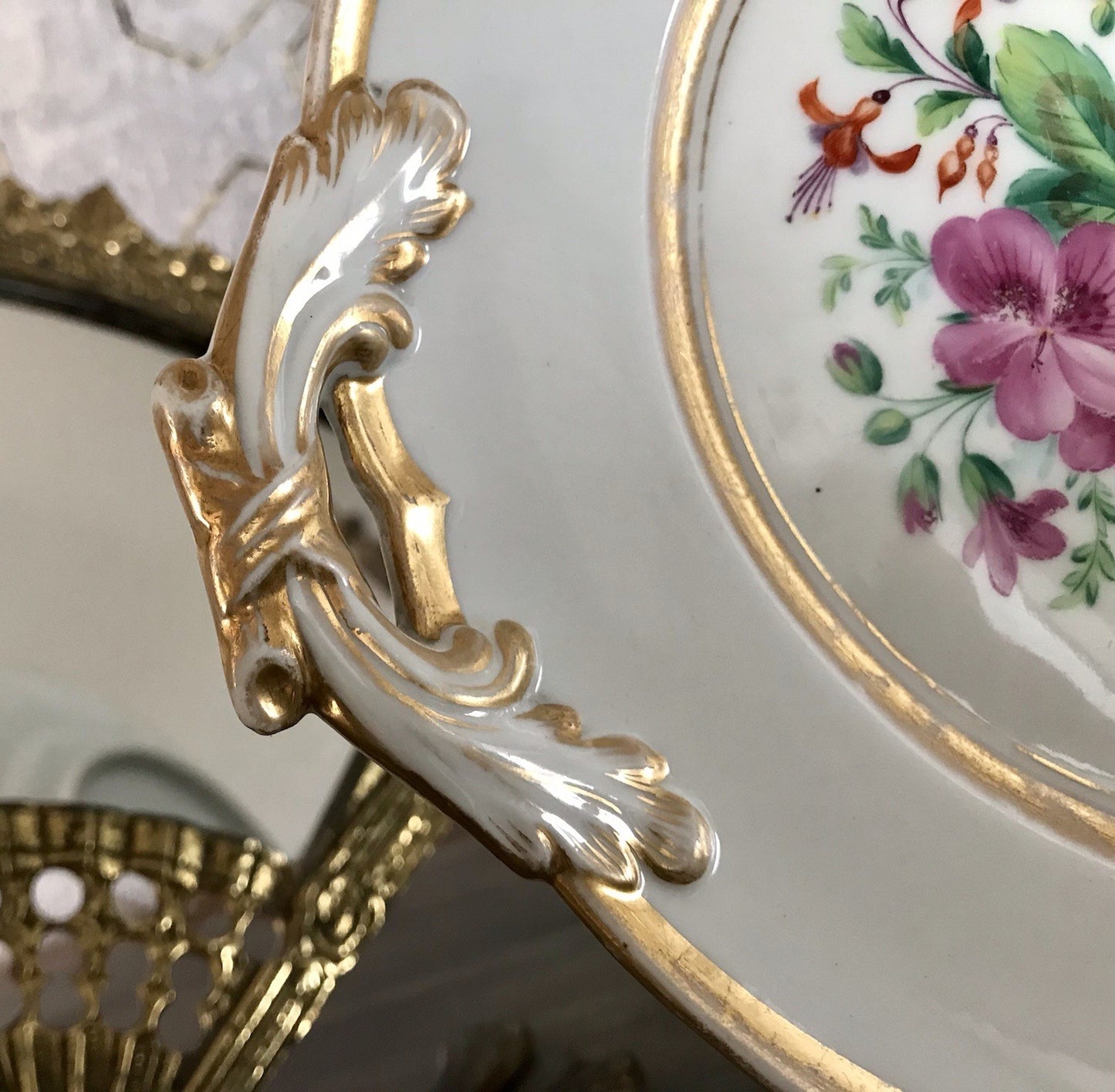 Antik Tielsch Porzellan Schale Zierschale Prunkschale um 1860 Blumenmalerei