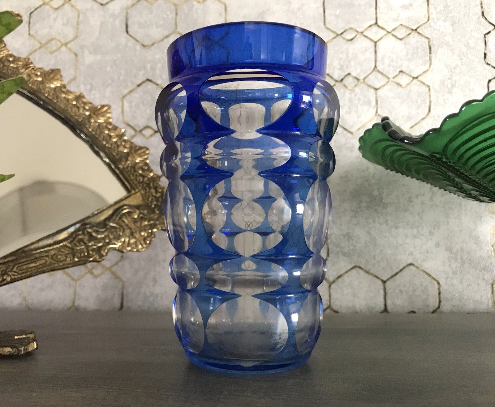 Antik? Art Déco Vase Glasvase Vase Glas Kristallglas Entwurf Meltzer Haida blau