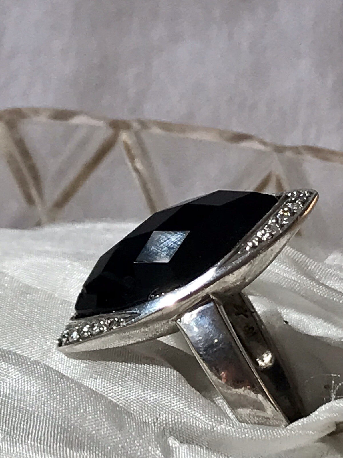 Vintage Onyx? & farblose Steine DAMEN RING Silber 925 Gr.57 58 Schiffchen
