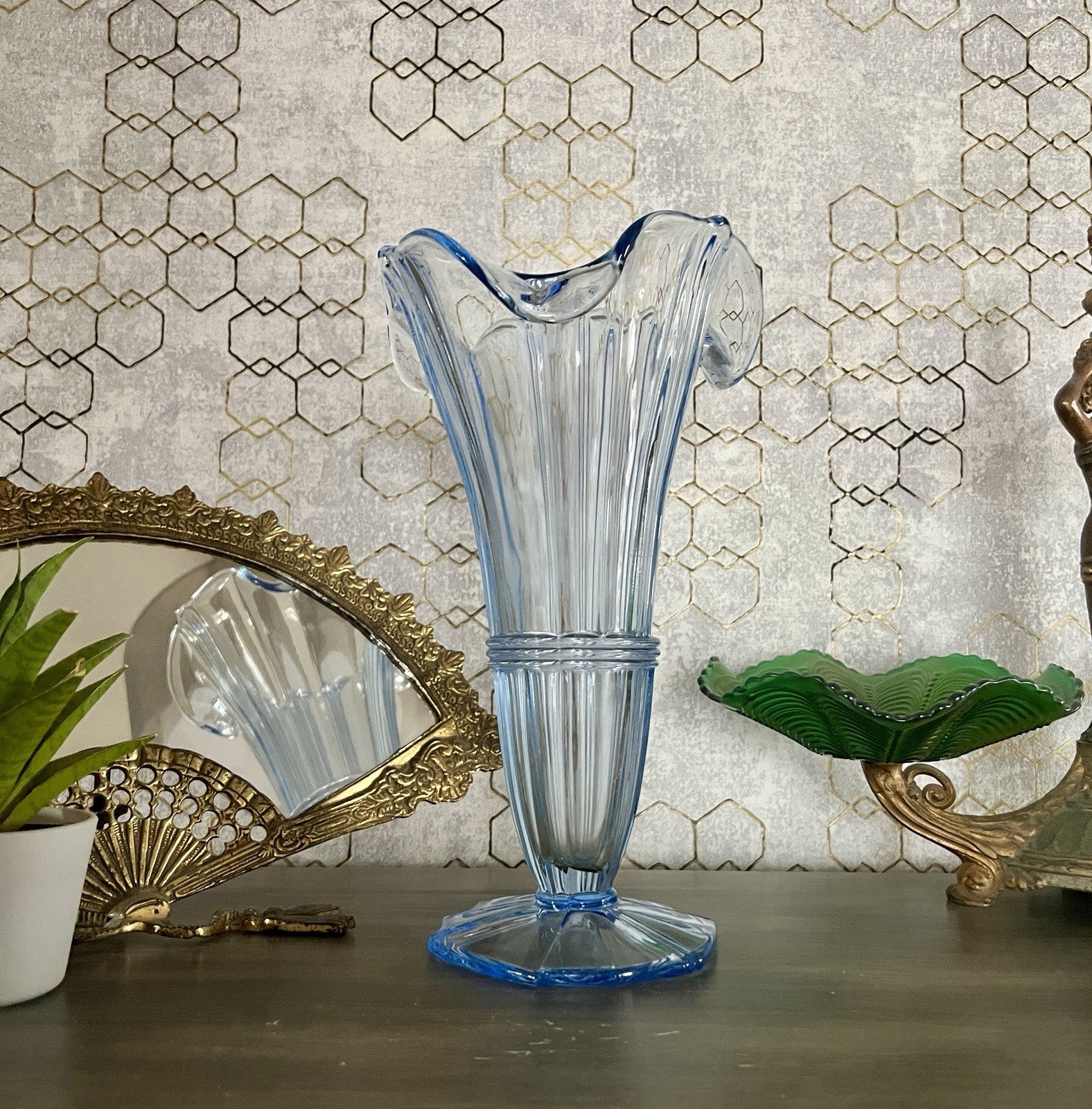 Antik Art Déco 1 GROẞ Bernsdorf Vase Glasvase Pressglas blau Glas RAR! asymmetr.
