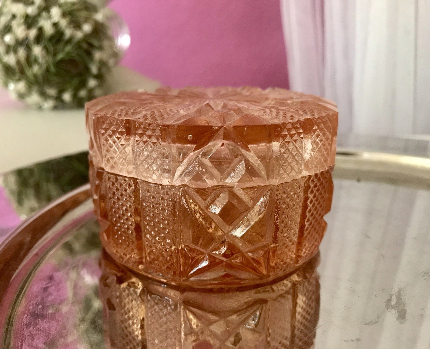 Antik Art Déco Dose Deckeldose Zierdose Pressglas Rosalin rosa Glas
